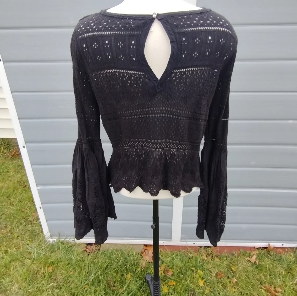 FREE PEOPLE Black Once Upon a Time Linen Blend Knit Bell Sleeve Top XS